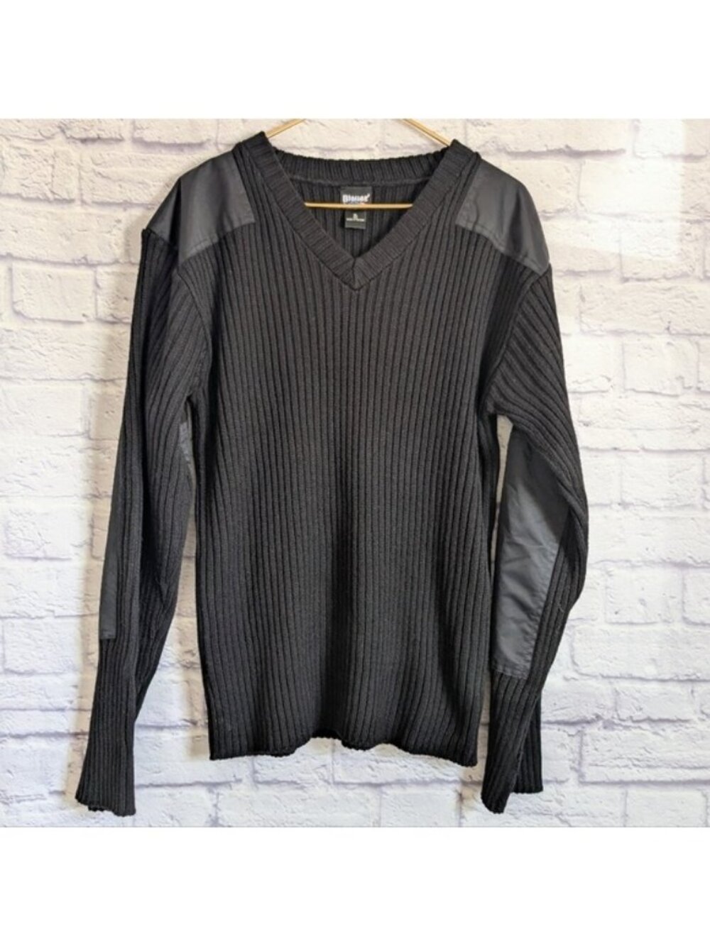 Blauer V Neck Commando Style Police Sweater XL Black Patches Rib Knit Pullover